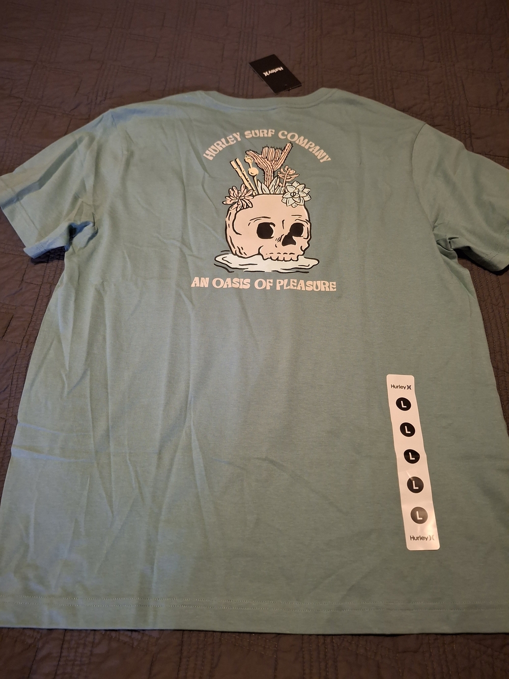 Hurley Men’s Light Teal Graphic On Back Tee - An Oasis of Pleasure Size L